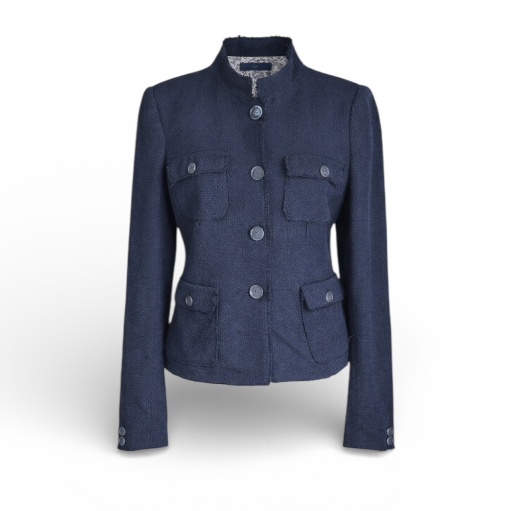 Zara - Structured Utility Blazer Jacket Navy Blue Raw Edge Fringe Trim Sz L